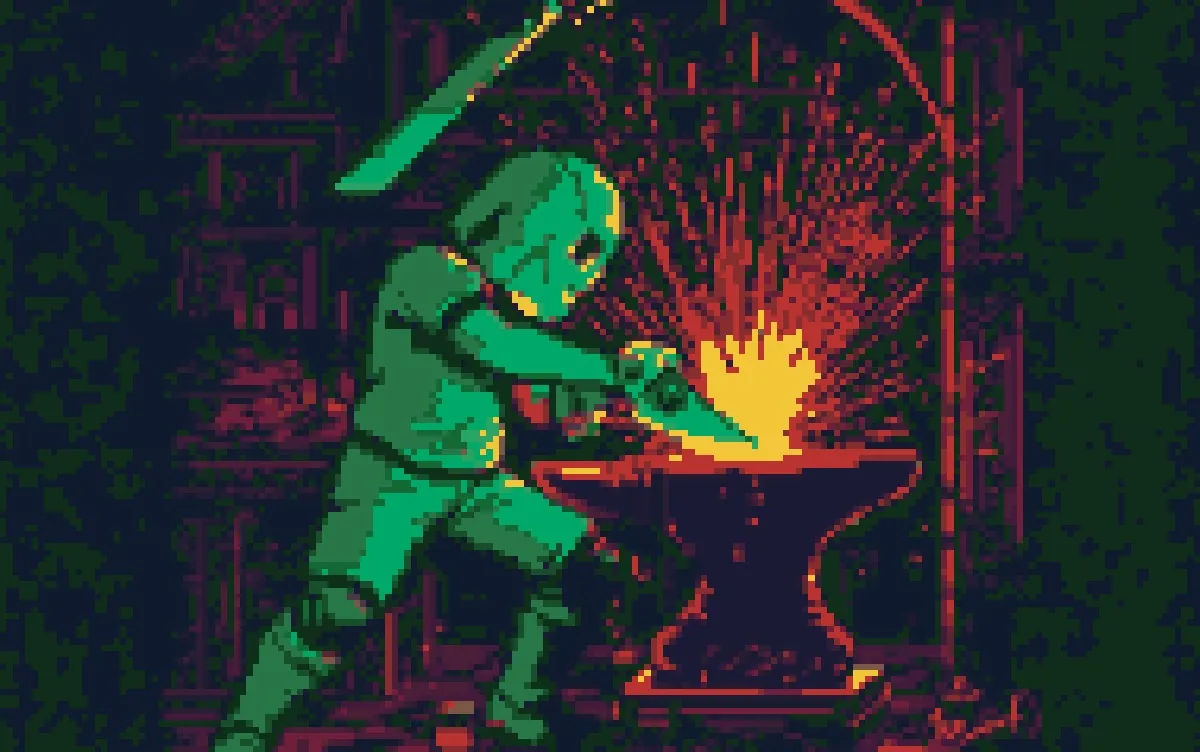 Bespoke Training, pixel art of a blacksmith forging a glowing blade