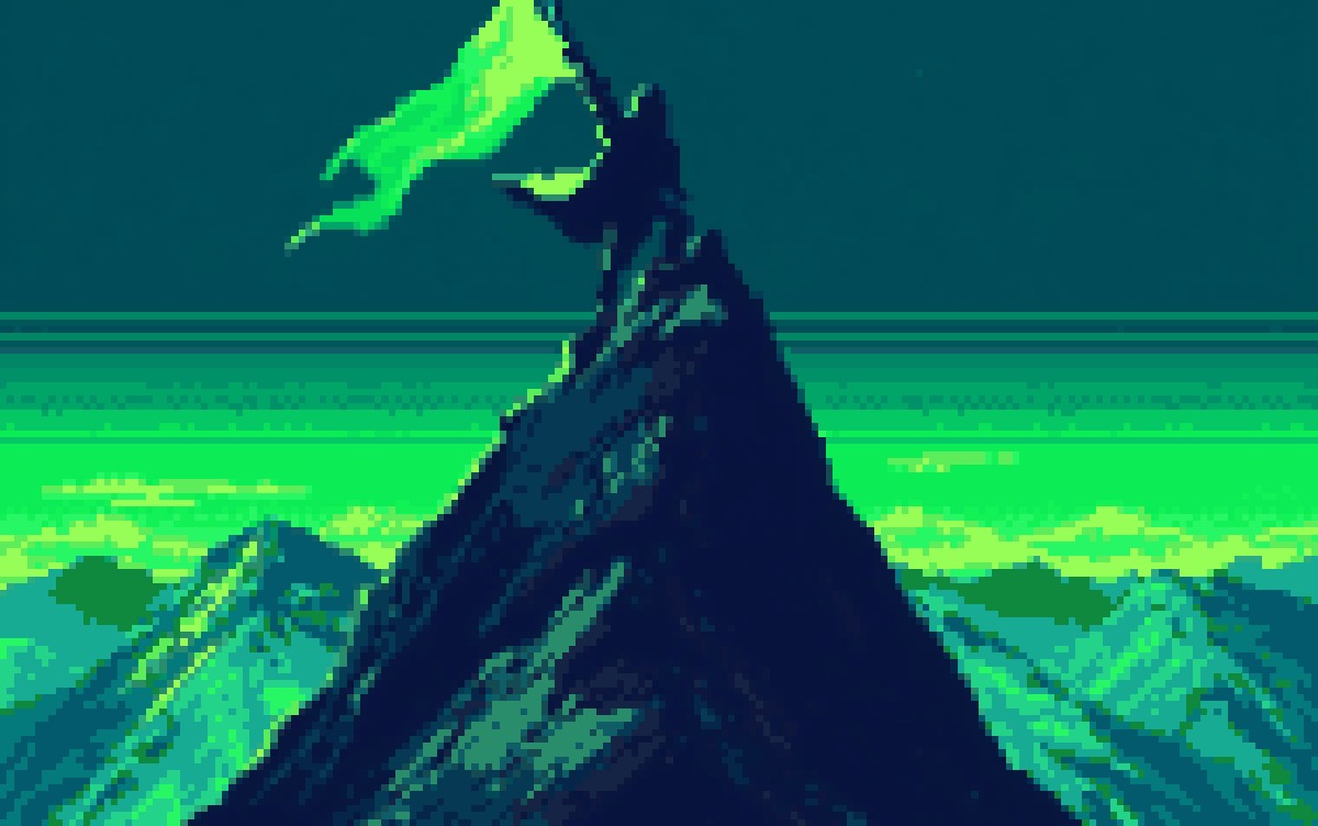 AI Champion — pixel art figure planting a flag on a data mountain