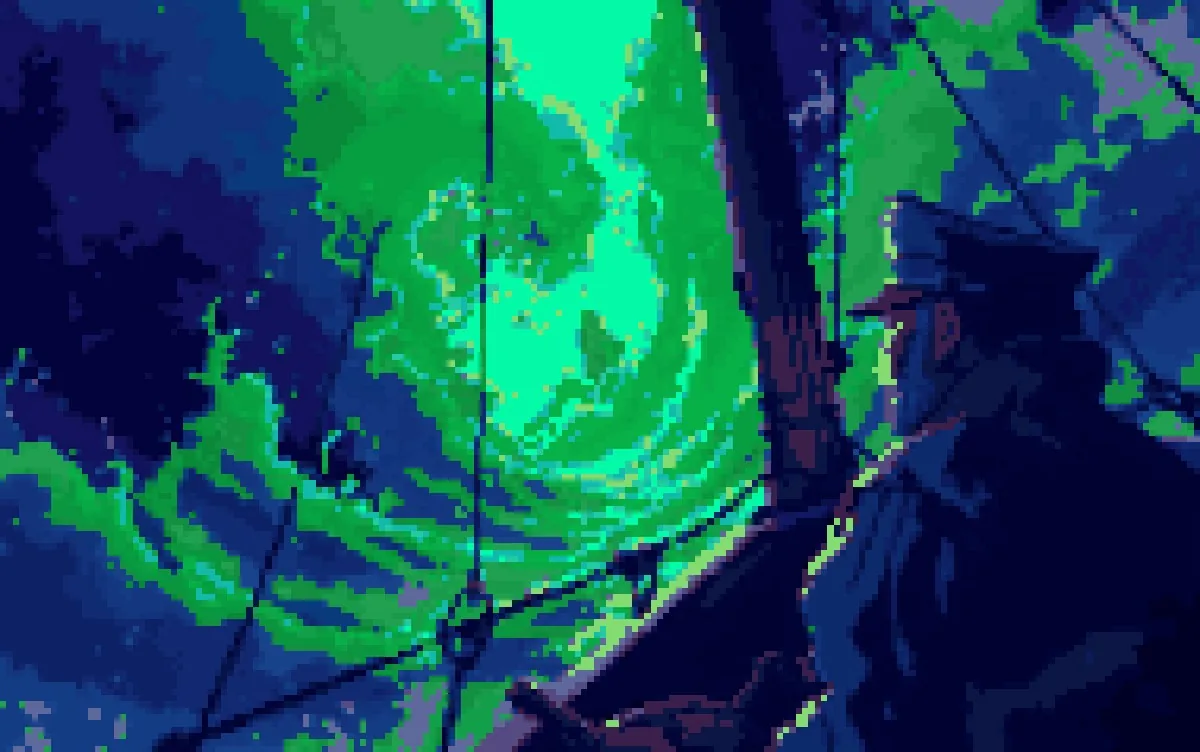 Business Leaders, pixel art of a captain steering through a storm toward clear sky