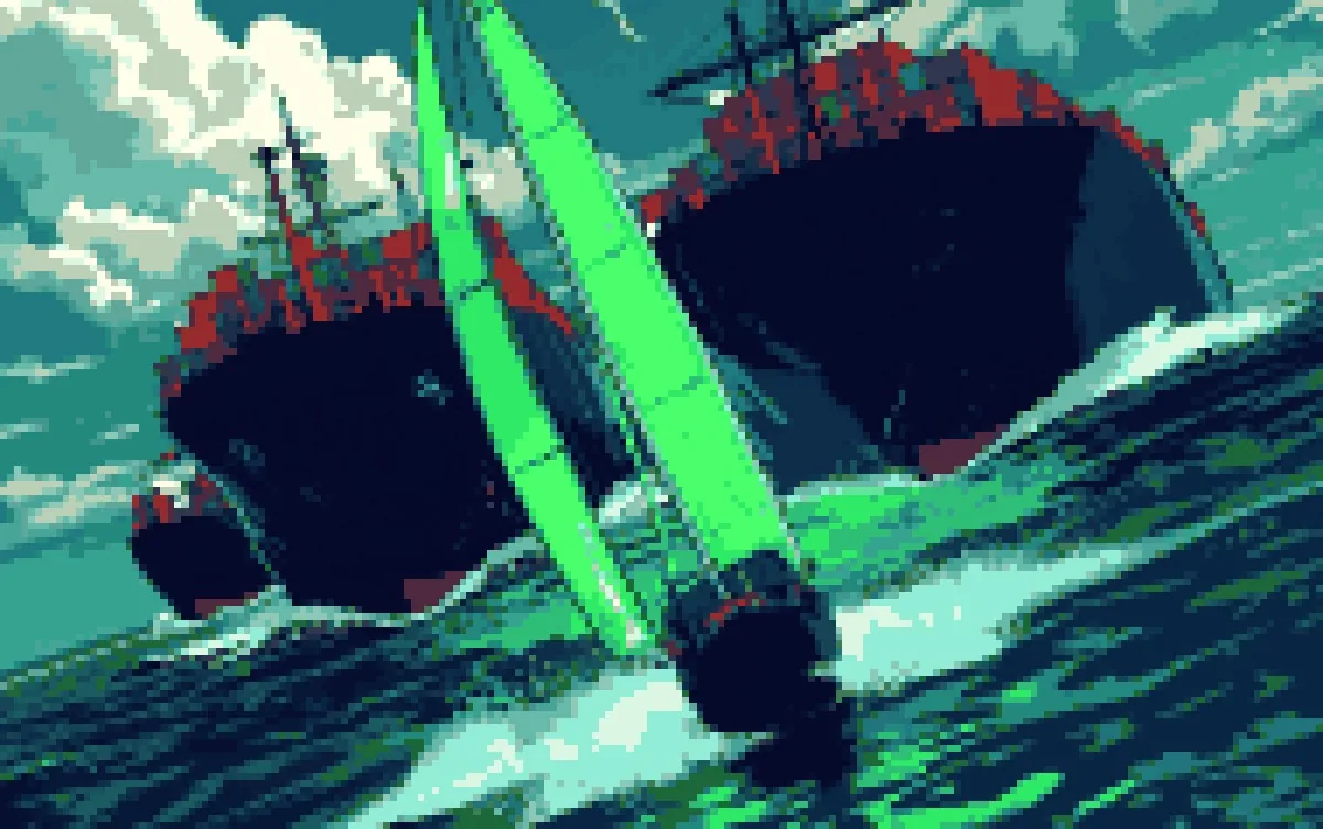AI for Startups, pixel art of a small sailboat outrunning container ships