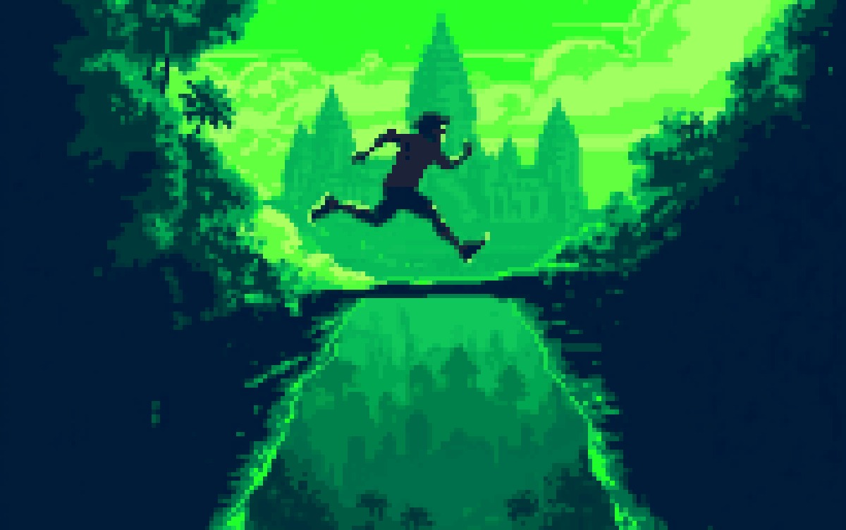 A runner leaping a chasm as a glowing green bridge forms mid-air above Angkor temple spires, in Cocoon pixel art