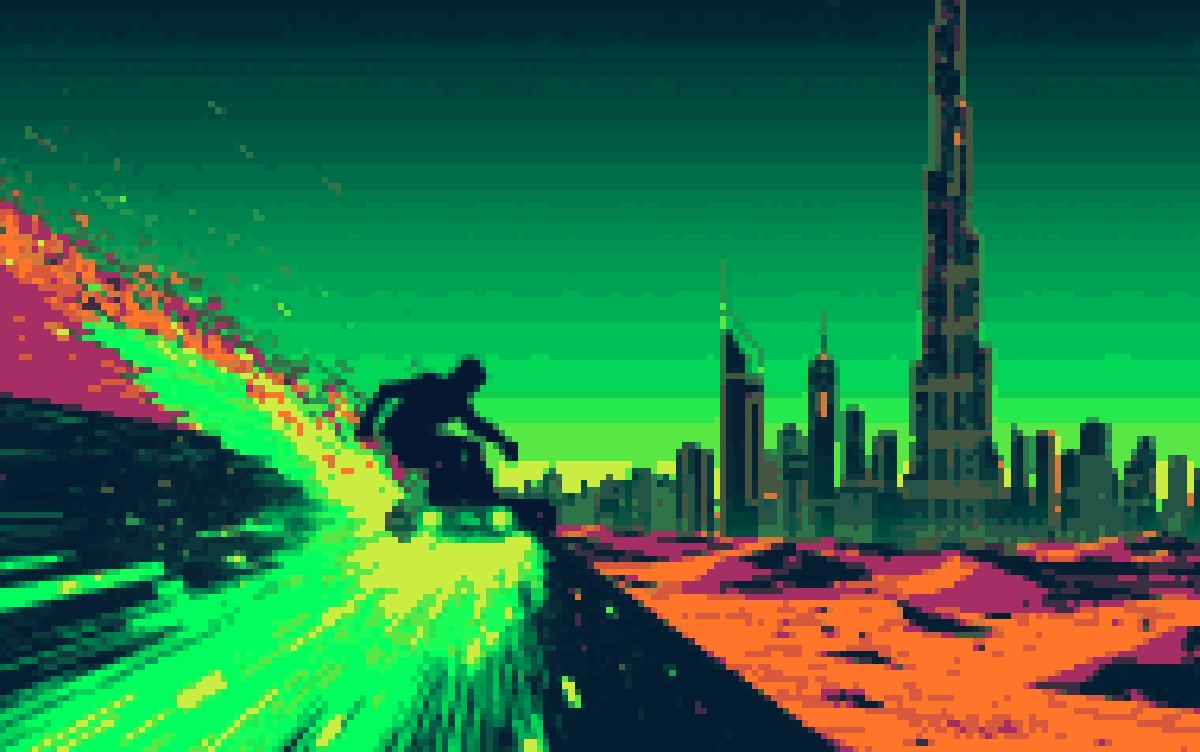 A figure carving through the sky on a glowing green board above the Dubai skyline and desert, in Cocoon pixel art