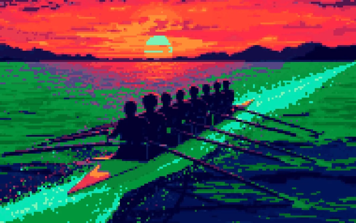 Enterprise, pixel art of a rowing crew in perfect sync