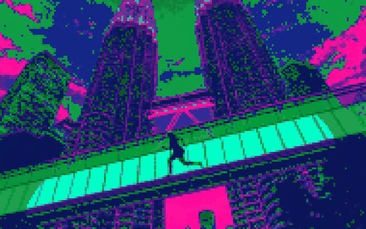 A figure sprinting across the skybridge between the Petronas Twin Towers at night, in Cocoon pixel art