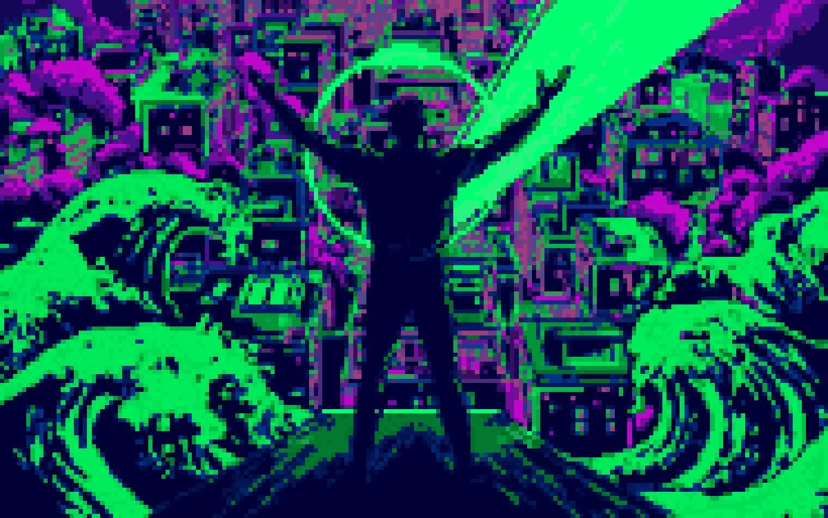 Personal Brand, pixel art of signal rings radiating over a night city