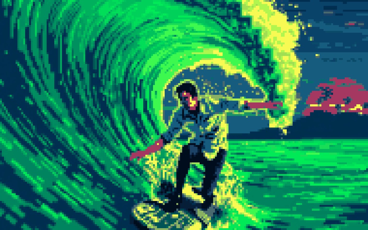 A surfer riding inside a huge barrel wave made of glowing green data, with the Colombo skyline behind, in Cocoon pixel art