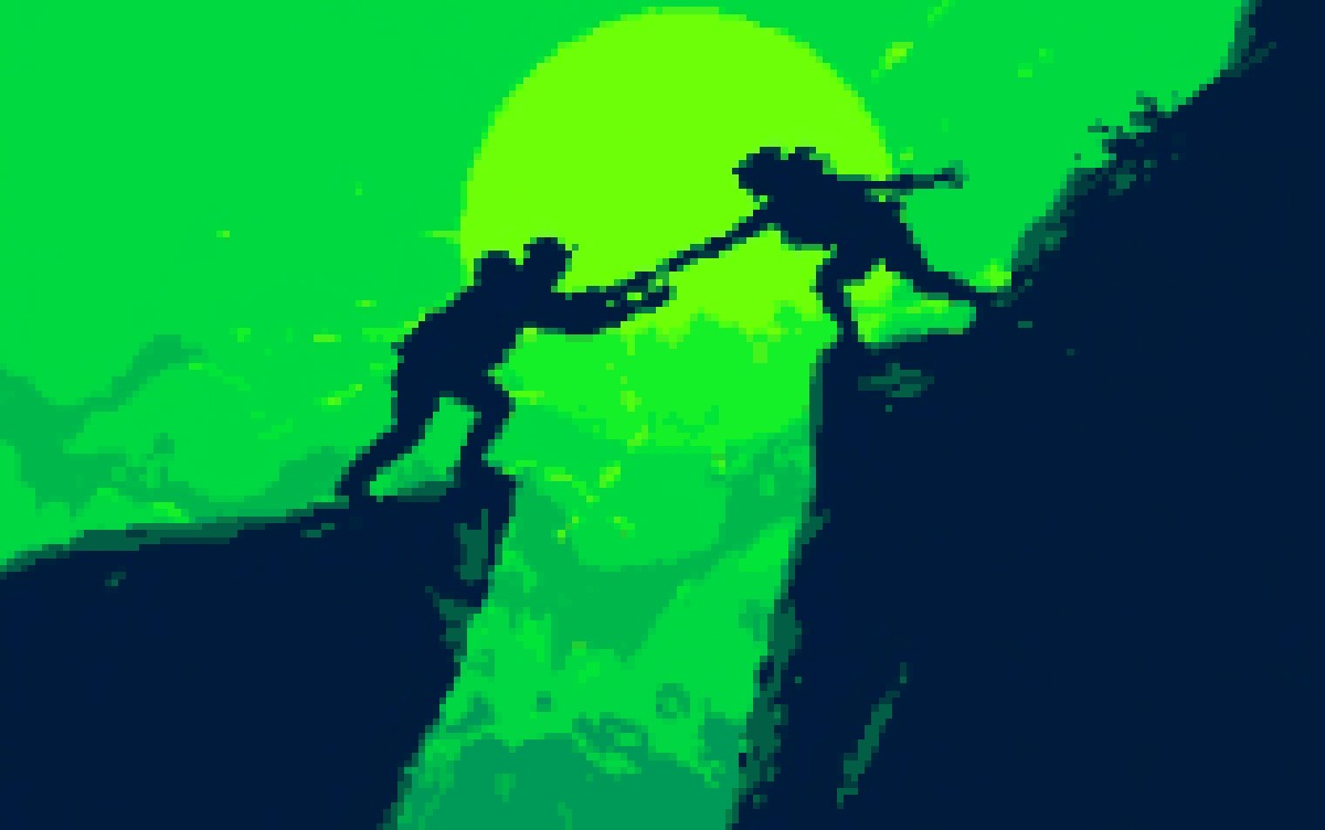 One person braced on a ledge pulling another up by the hand against a bright horizon, in Cocoon pixel art